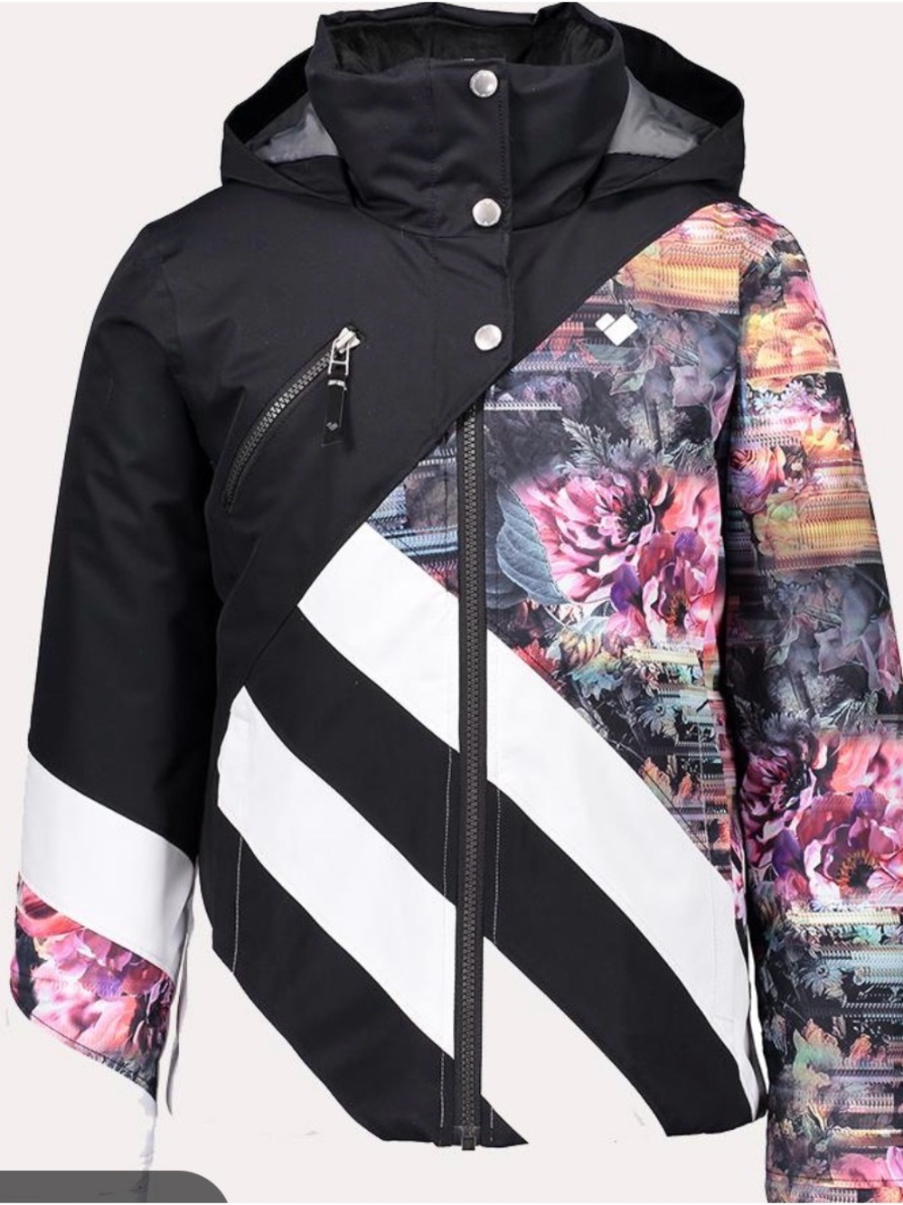 Obermeyer Girls' Tabor Black Floral-Accent Hooded Puffer Jacket Teen Small / 8